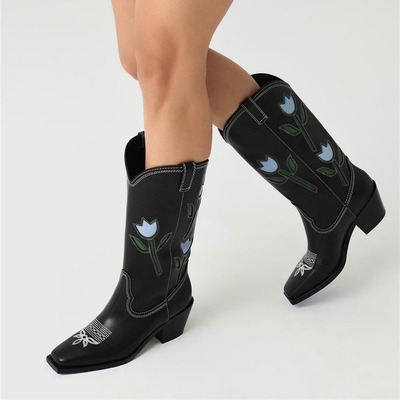 美国Loeffler小牛皮郁金香雕花刺绣真皮里骑马靴复古西部牛仔靴女