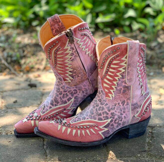 old gringo牛皮250针飞鹰翅膀刺绣雕花短靴墨西哥西部牛仔靴女靴