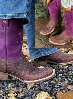 Tin Haul紫色牛皮刺绣真皮方头美国本土中筒马靴复古西部牛仔靴女