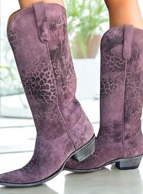 墨西哥产Old Gringo紫色豹纹牛皮刺绣真皮尖头西部牛仔靴骑马靴女