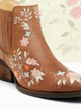 美国Shyanne牛皮真皮碎花刺绣圆头复古西部牛仔靴女骑马靴短靴