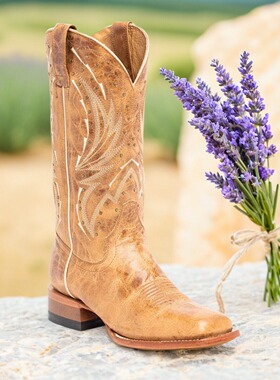 Shyanne墨西哥牛皮本色刺绣带钻方头中筒靴西部牛仔靴真皮马靴女