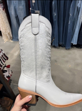 美国 SHYANNE牛皮蕾丝绣真皮粗跟复古白色西部牛仔靴真皮骑马靴女