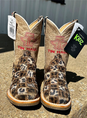 墨西哥TIN HAUL豹纹牛皮格子刺绣真皮骑马靴儿童西部牛仔靴25-38