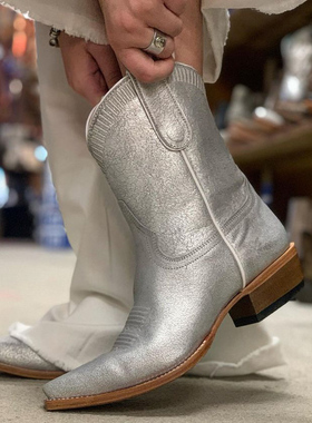 美国MACIE BEAN银色牛皮纯色真皮里尖头骑士靴短靴西部牛仔靴女靴
