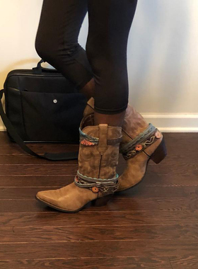 DURANGO头层牛皮刺绣套筒三扣带尖头真皮中跟西部牛仔靴中筒靴女