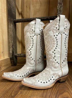 代购CARRAL美国复古西部牛仔靴真皮尖头团花刺绣牛皮白色骑马靴女