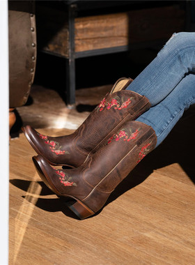 SHYANNE牛皮V型靴口绣花圆头骑马靴复古美国西部牛仔靴中筒靴女靴