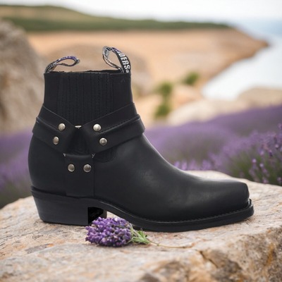 Grinders真牛皮西部牛仔靴小方头松紧口短靴复古机车靴摩托靴男女