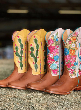 Macie MB头层牛皮真皮拼接仙人掌刺绣方头高筒靴马靴西部牛仔靴女