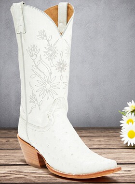 白色美国牛仔靴SHYANNE鸵鸟皮真皮尖头中跟中筒靴西部靴女骑马靴