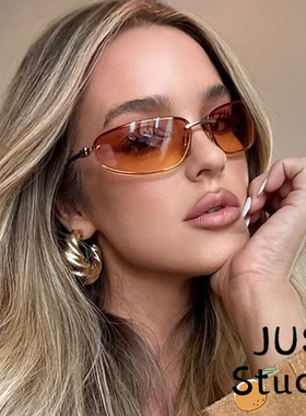 2025无边框中古墨镜橘色欧美y2k