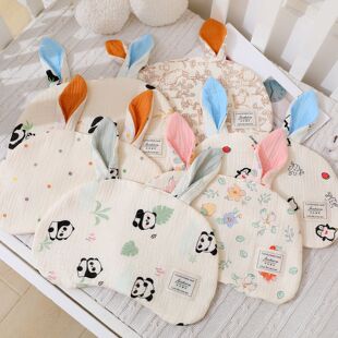 绉布云片枕纯棉婴儿宝宝夹棉花彩色长耳朵透气新生儿0高度枕头