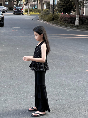 吉小可2025夏季新款女童挂脖上衣中大童波点吊带港风复古纱裙套装