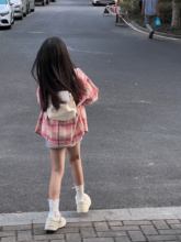 吉小可女童套装2024秋季粉色格子衬衫纯色运动裙裤甜美女孩bi备