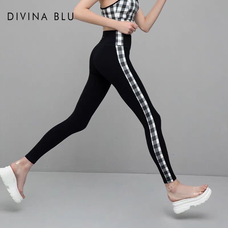 DIVINA BLU伦敦系列印象裸感长裤格子瑜伽裤紧身弹力健身运动长裤