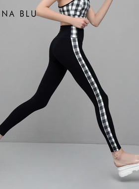 DIVINA BLU伦敦系列印象裸感长裤格子瑜伽裤紧身弹力健身运动长裤