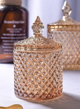 欧式黄色水晶玻璃收纳罐方糖罐钻石糖果盒棉签盒化妆棉罐家居摆件