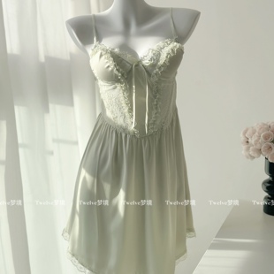 纯欲蕾丝吊带睡裙带胸垫宫廷风缎面睡衣女夏 人间白茶 Twelve