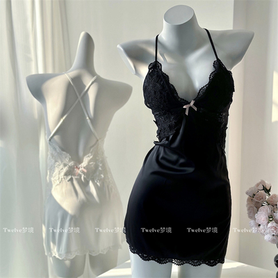纯欲露背冰丝睡裙带胸垫性感睡衣