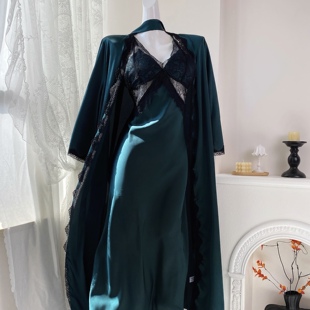 高级感缎面长款 典雅女神 睡裙带胸垫蕾丝睡袍两件套女 Twelve