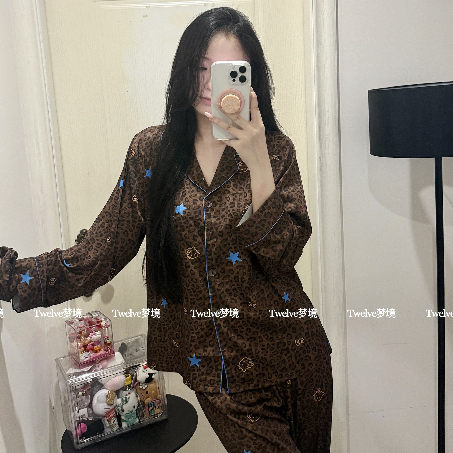 春秋豹纹kt长袖冰丝睡衣套装女