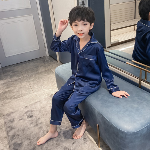 儿童睡衣冰丝男童夏季丝质短袖家居服小男孩套装空调宝宝长袖薄款