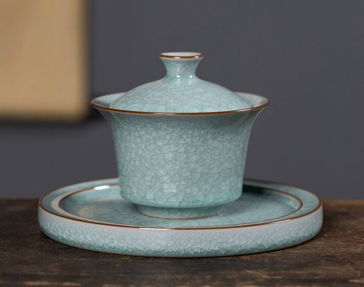 陶瓷盖碗三才茶杯大码 家用龙泉青瓷高档防烫 柴烧壶承 功夫茶碗