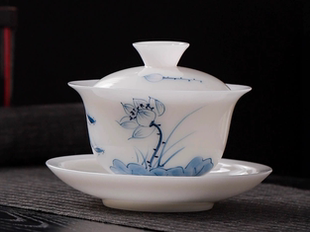 陶瓷盖碗三才茶杯单个不烫手新中式手绘荷花薄胎轻奢釉下八宝茶碗