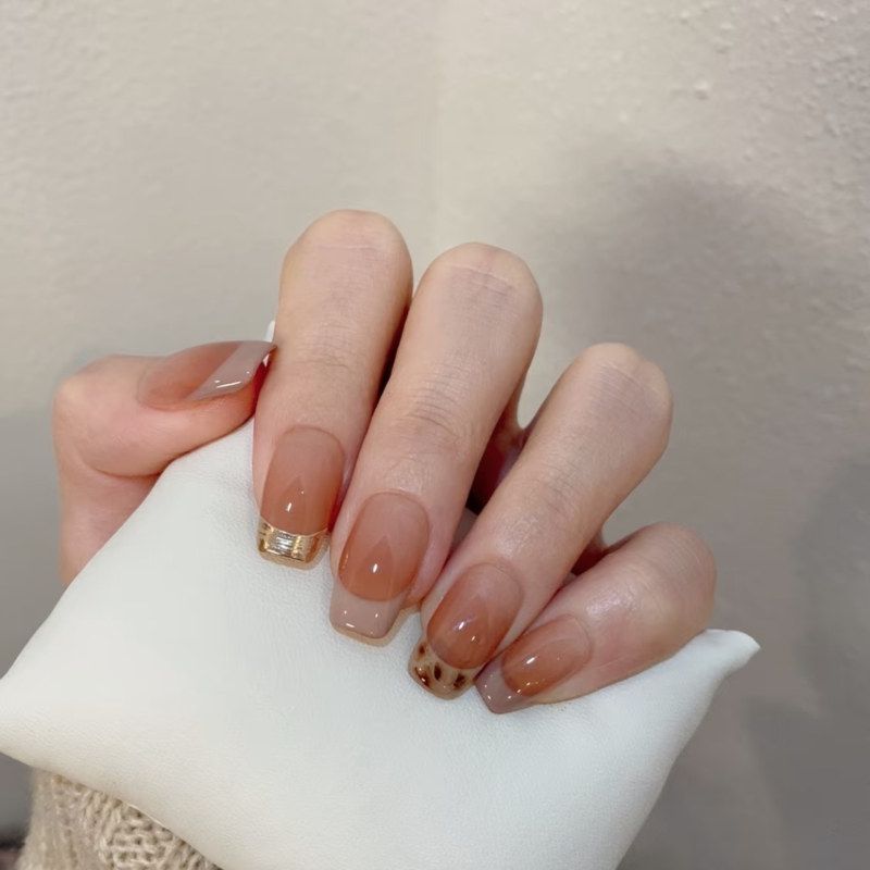 金边豹纹西西里纯手工穿戴甲手绘豹纹百搭冰透腮红自然裸色美甲