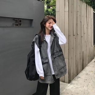 秋冬季 學(xué)生百搭bf工裝 無袖 坎肩外穿馬夾外套潮 牛仔馬甲女寬松韓版