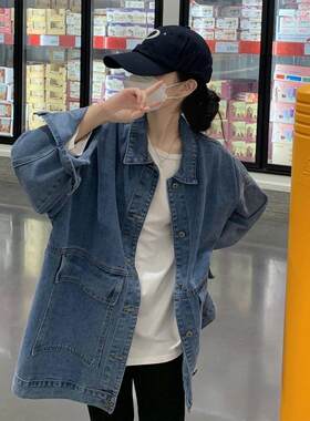 春秋2021年新款韩版宽松bf慵懒风中长款牛仔外套女工装上衣潮ins