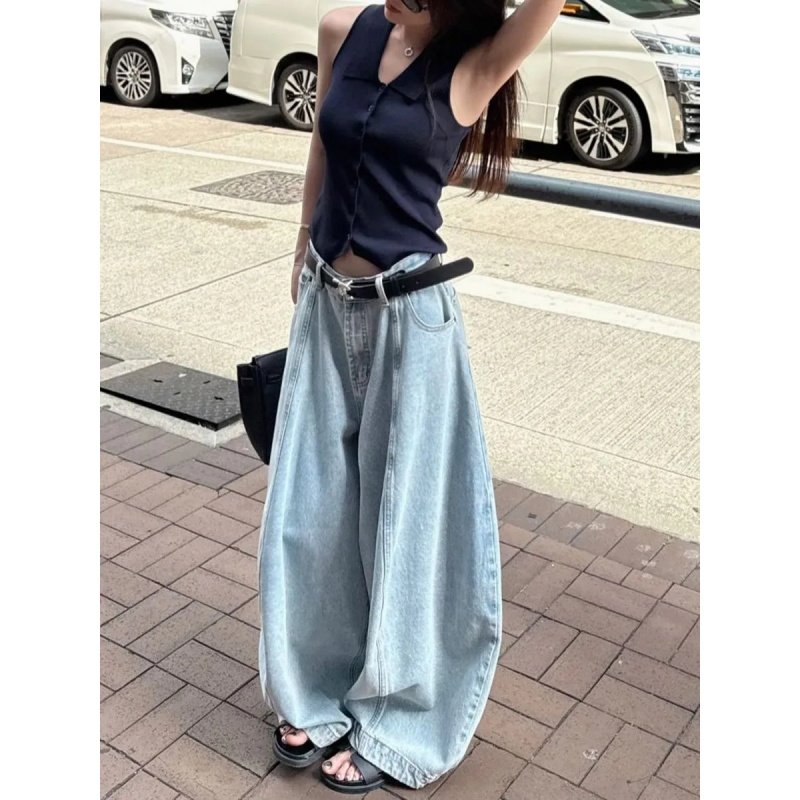 蓝色复古慵懒风牛仔裤女夏季高腰宽松遮跨阔腿裤百搭个性显高长裤