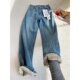 复古加绒加厚牛仔裤 女装 高腰显瘦蓝色裤 冬季 子直筒阔腿拖地长裤 女