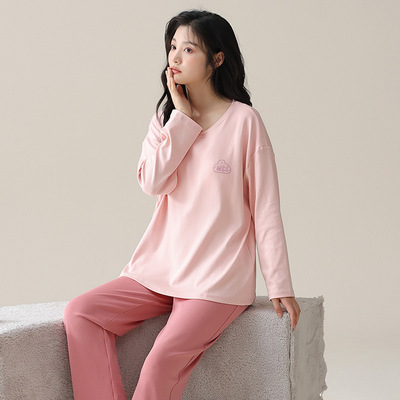 【纯棉】新款睡衣女春秋长袖长裤圆领套头家居服休闲两件套可外穿