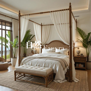自然 美式自然风四柱实木床 布艺软靠双人床 卧室帷幔床 可定制