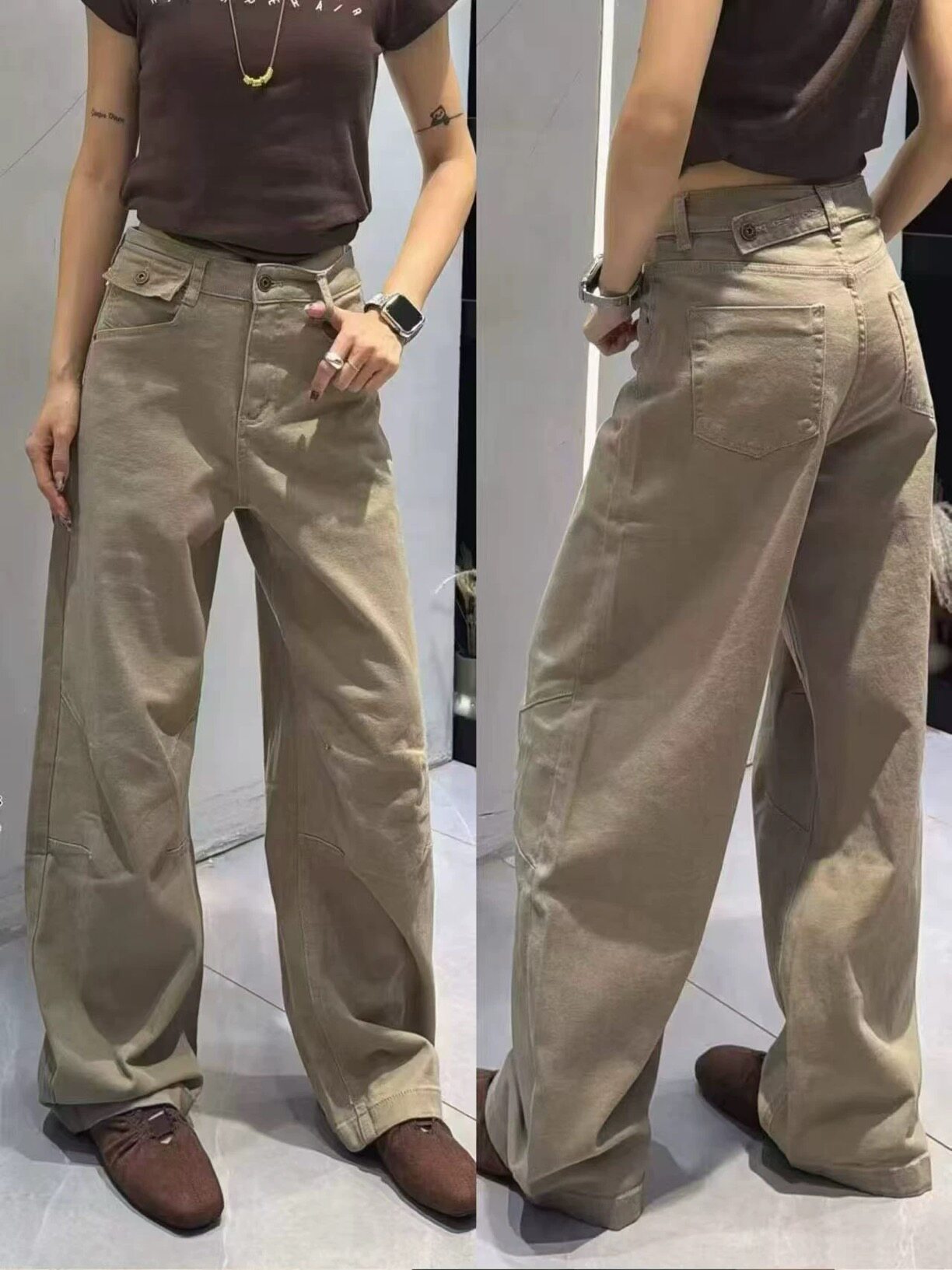 欧货2026秋季新款牛仔裤女卡其色工装弯刀裤宽松休闲显瘦时尚弹力