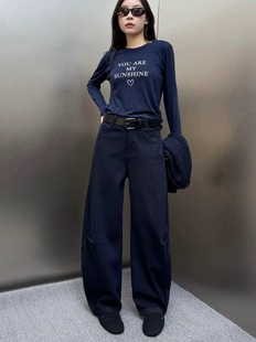 高端时尚 女弯刀裤 爆款 牛仔裤 宽松藏青色显瘦直筒 正版 欧货2025秋季