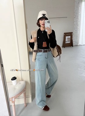 蓝舟8399高端牛仔裤女欧货2025冬浅蓝色弯刀裤加厚绒宽松显瘦直筒