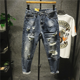 小直筒牛仔裤 男百搭修身 日系潮牌宽松水洗复古破洞乞丐九分裤 美式