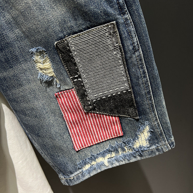 2024 SUMMER AMERICAN FASHION BRAND RIPPED PATCHES INS HANDSOME MEN DENIM SHORTS HAIRSTYLIST 5 POINTS PANTS TREND PANTS