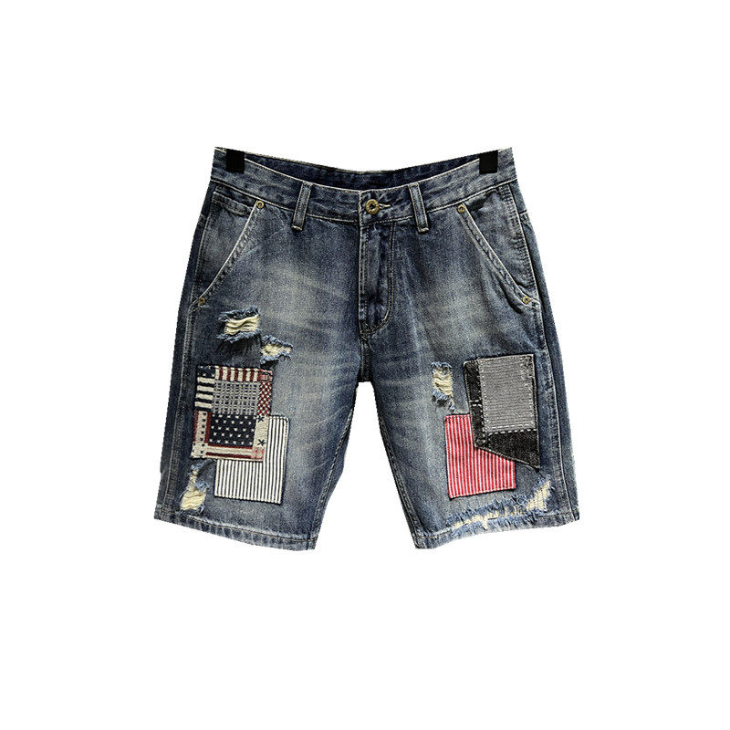 2024 SUMMER AMERICAN FASHION BRAND RIPPED PATCHES INS HANDSOME MEN DENIM SHORTS HAIRSTYLIST 5 POINTS PANTS TREND PANTS