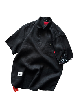 WINDERFLIES 24SS/亚麻衬衫夏季透气假两件polo半开领上衣短袖潮