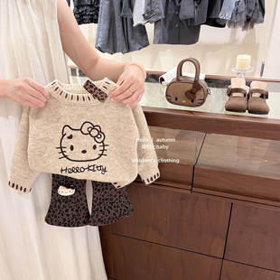 【咸柠七】原创！女童秋装毛衣宝宝衣服儿童kt猫针织衫豹纹裤套装