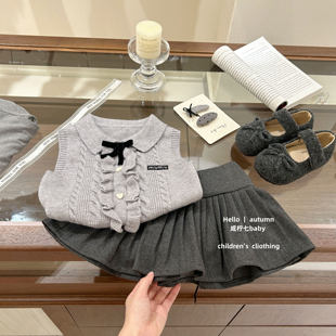 韩版 miu系千金～女童秋新款 小香风马甲背心百褶裙套装 咸柠七