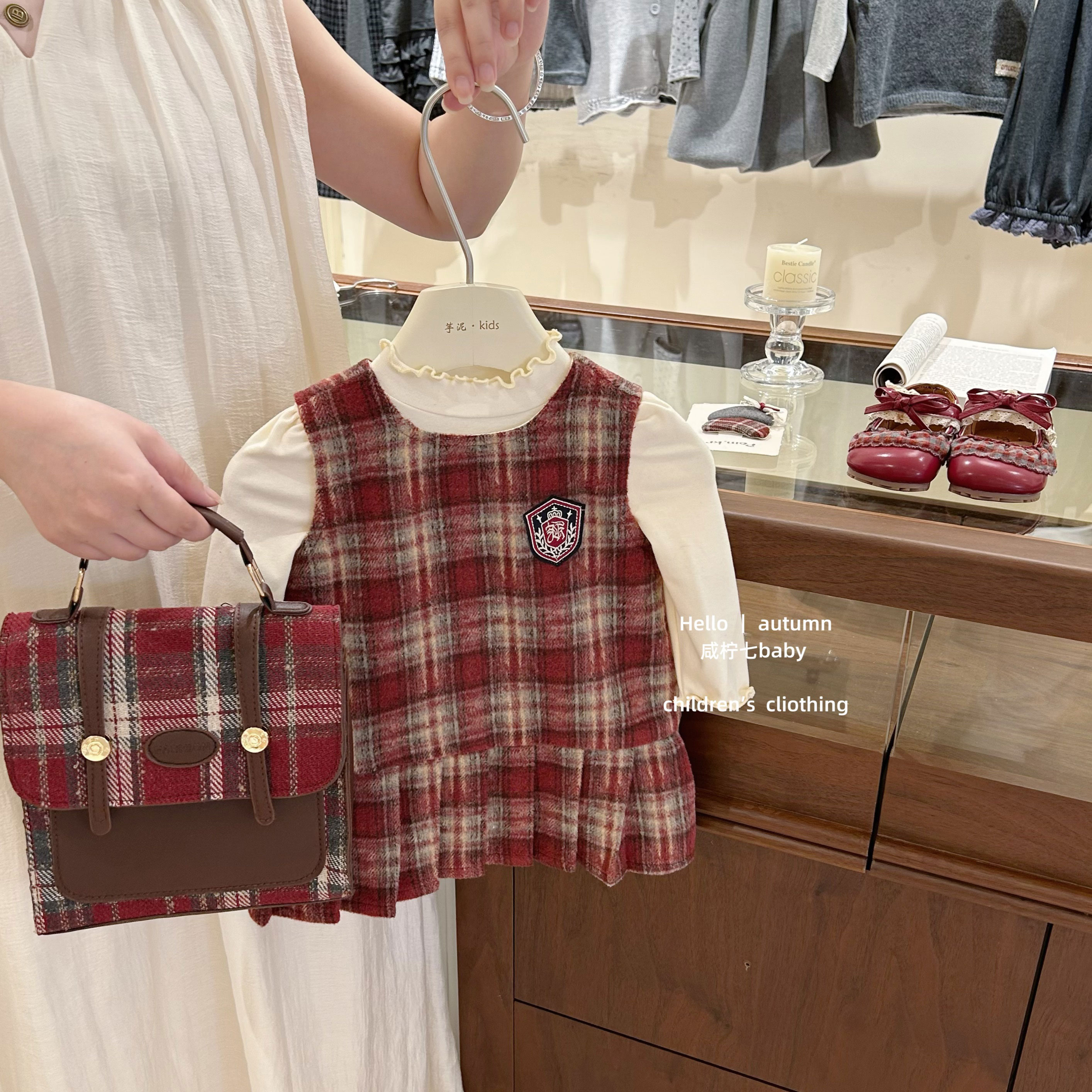 【咸柠七】复古文艺！女童连衣裙春秋季韩版儿童洋气格子背心裙