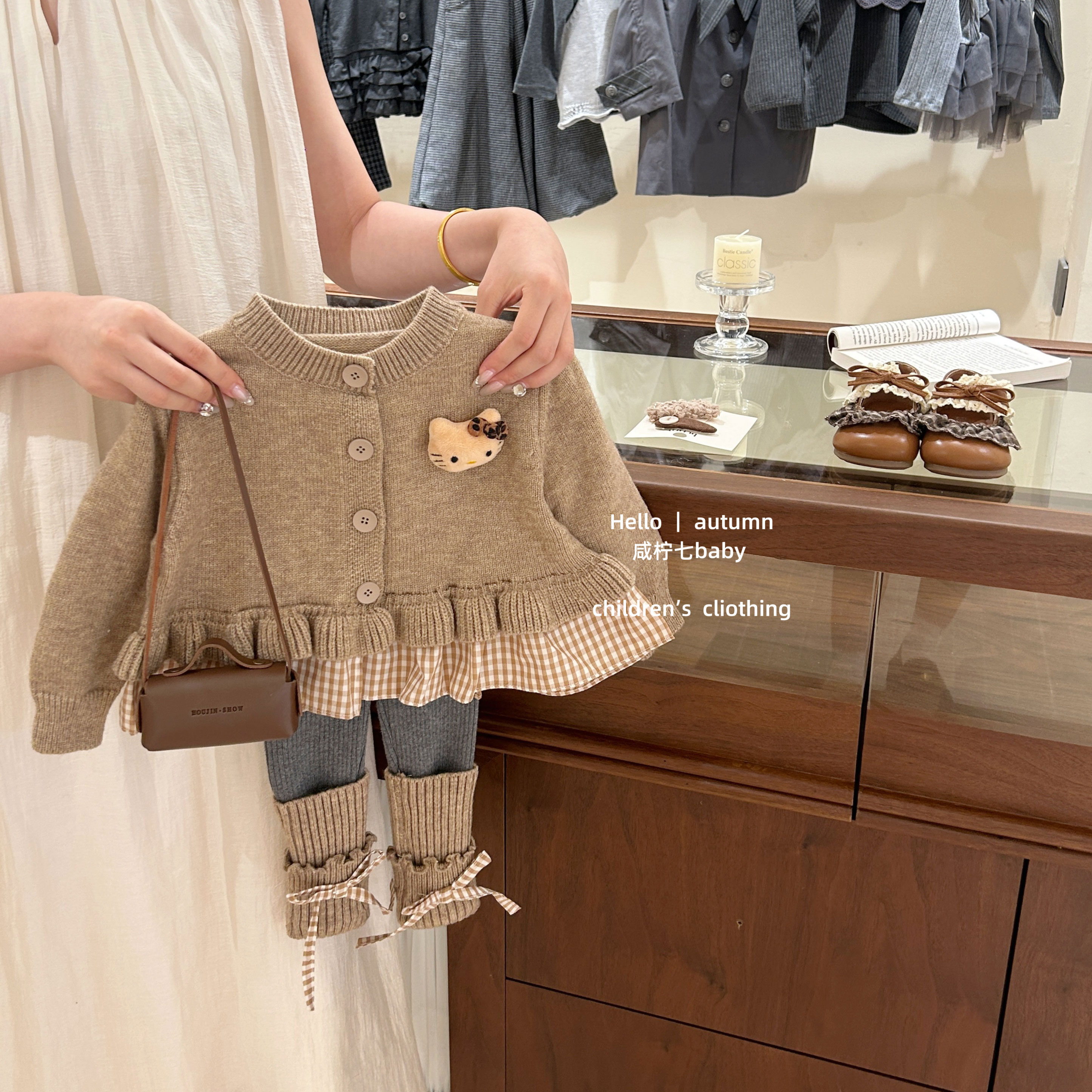 【咸柠七】原创！女童秋季蝴蝶结针织衫套装儿童韩版甜美格子毛衣