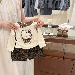 【咸柠七】女童套装秋季2025新款儿童洋气kt猫长袖t恤豹纹牛仔裤