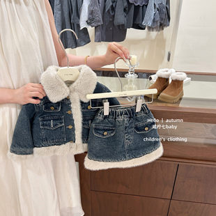 女童秋冬加绒牛仔套装 原创 复古加厚外套牛仔半身裙 咸柠七