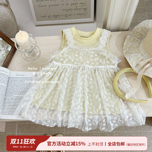 【咸柠七】女童夏季连衣裙套装2025新款儿童无袖雷丝裙子两件套